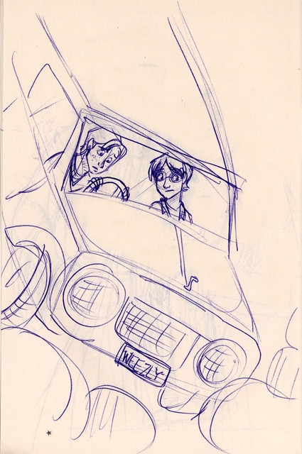 Harry and Ron fly to Hogwarts in the Weasleys' enchanted car