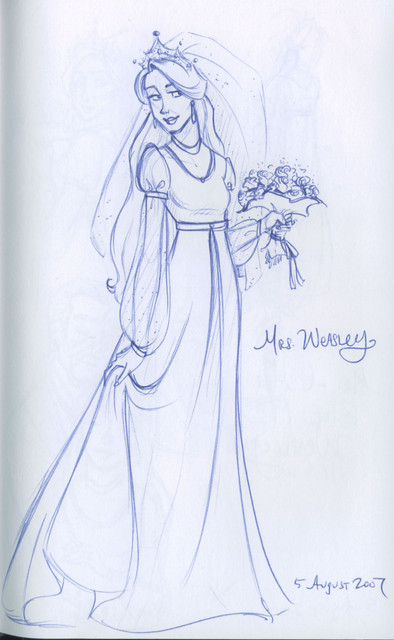 This is a conceptual drawing of Fleur in wedding attire, before I had read the book.  I just presumed that she would appear in such, and she did.