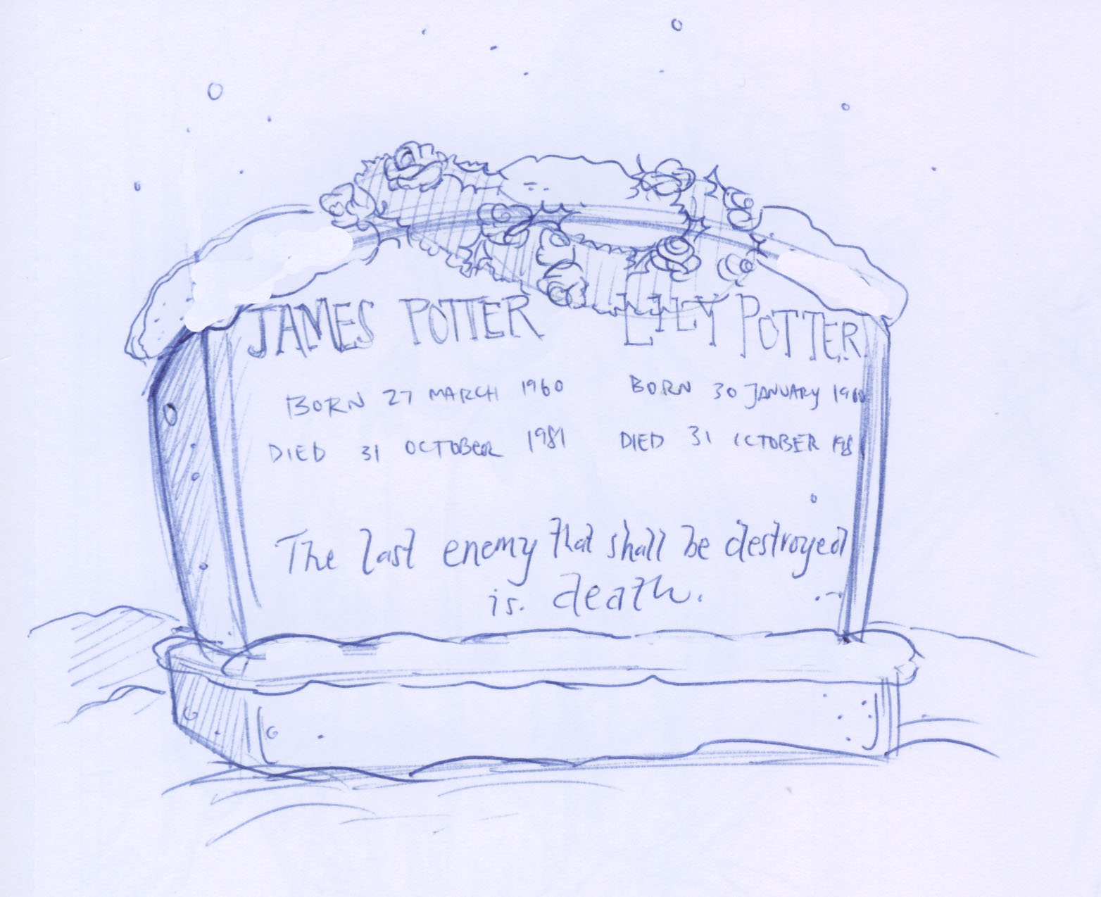 Harry and Hermione leave a wreath of Christmas roses on the grave of James and Lily Potter.