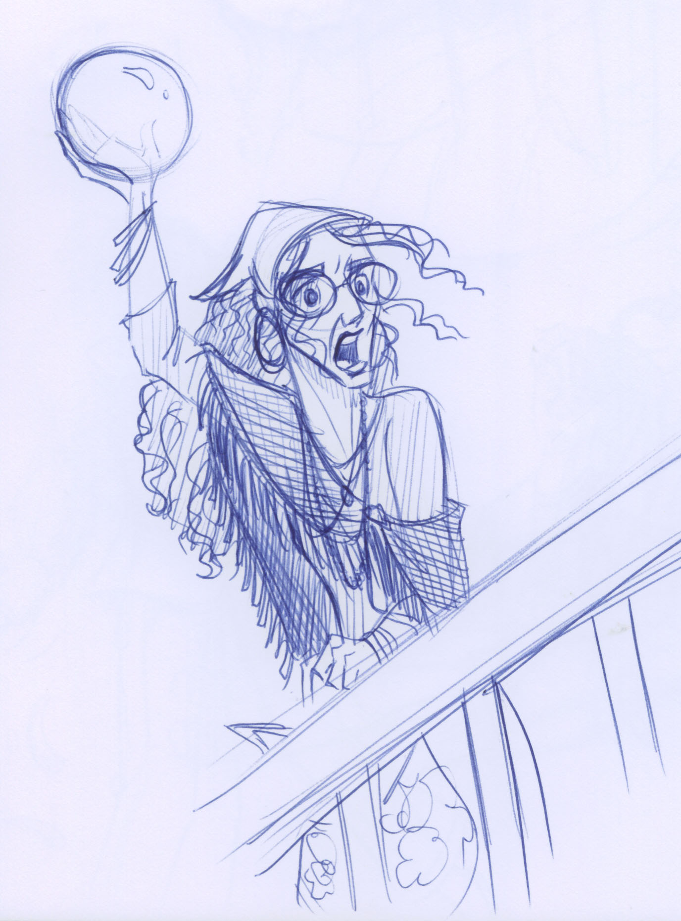 Trelawney joins in the fight by throwing crystal balls at Hogwarts' attackers.