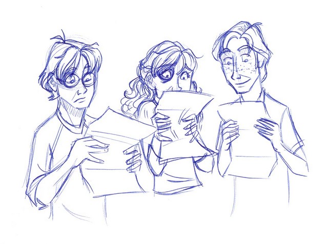 Harry and Ron try to relax while checking their O.W.L. results while Hermione's positively having kittens in her anxiety