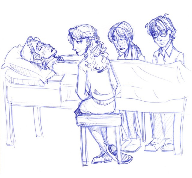 Hermione, Ginny and Harry sit vigil at Ron's bedside