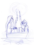 Harry and Dumbledore cross the dark lake, passing the horrors below them, in the tiny, glowing boat