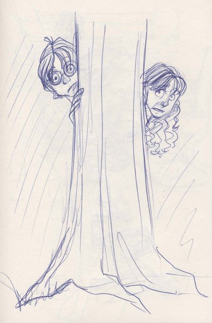 Harry and Hermione hide behind a tree from the monstrous Grawp