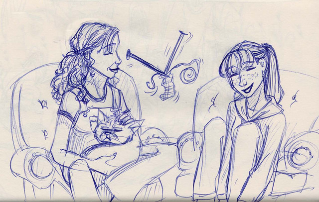 Hermione chats with Ginny while her knitting needles flash and click in front of her