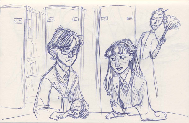Ginny tries to comfort Harry in the library during Easter break