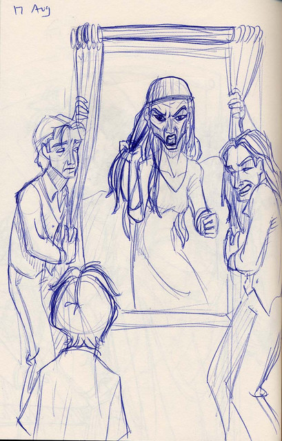 Remus and Sirius struggle to cover the screaming portrait of Mrs. Black