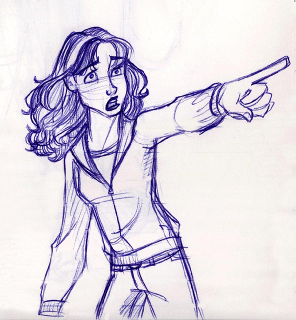 Hermione points in the direction of Sirius and Lupin fighting