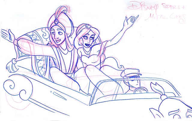 Aladdin and Jasmine wave to fans in the Disney Stars and Motor Cars Parade